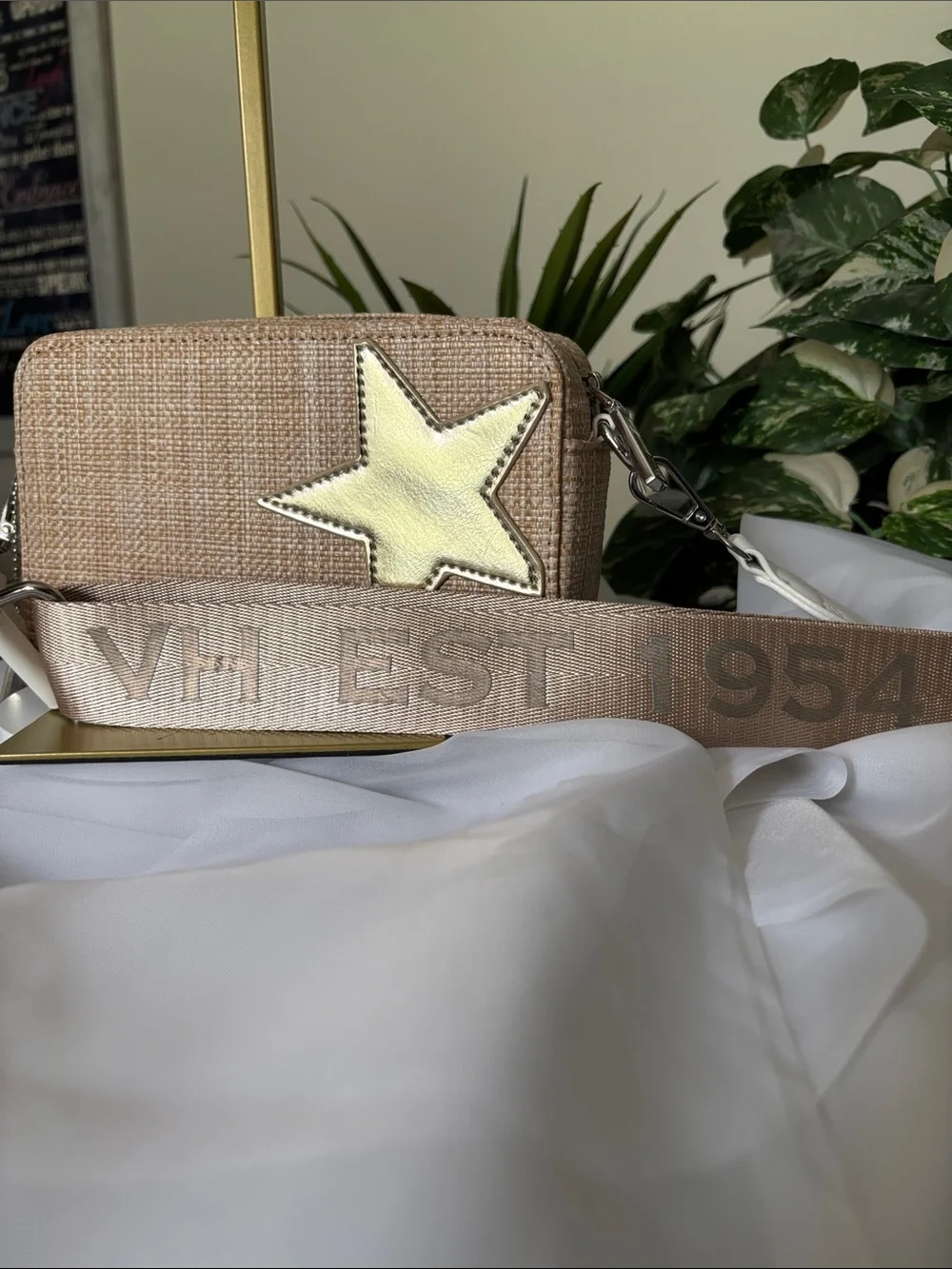 Vintage Havana Beige Woven Crossbody with Gold Star